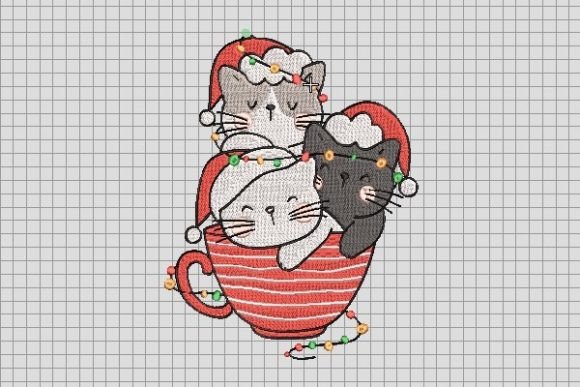 Christmas Cat in Red Cup Embroidery File